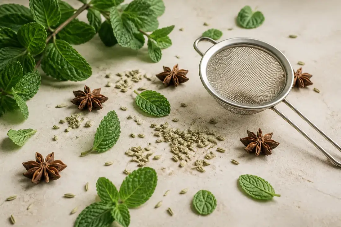 Hojas de menta, semillas de hinojo y anís estrellado junto a un colador de té